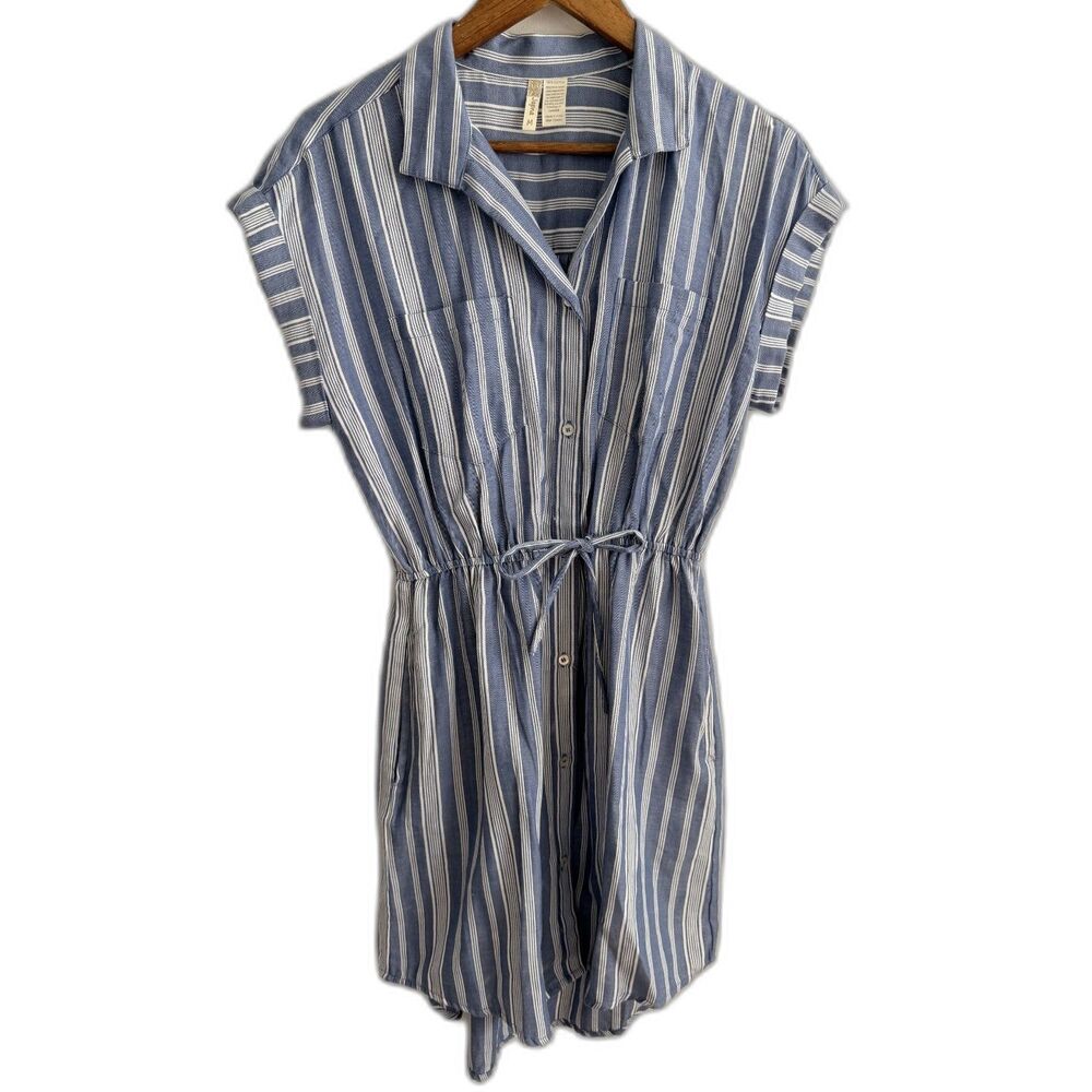Japna Blue White Striped Shirt Dress Medium Cotton Button Front Drawstring Waist